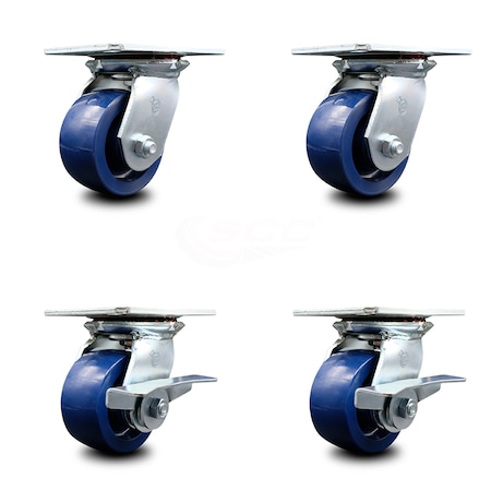 Service Caster 4 Inch Solid Poly Swivel Caster Set with Roller Bearings 2 Brakes SCC-35S420-SPUR-2-SLB-2